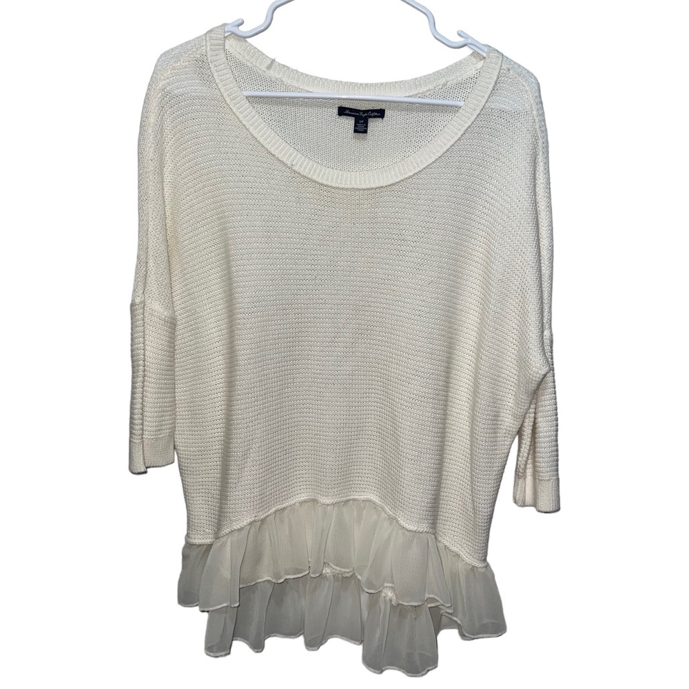 American Eagle Outfitters Ivory Loose-Knit Chiffon Ruffle Pullover Sweater - Picture 1 of 4